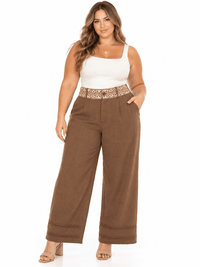 PLUS SIZE BUTTON CLOSURE ELASTIC EMBROIDERY WAIST FRONT POCKETS WIDE LEG PANTS