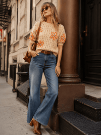 WOMEN'S SHORT SLEEVE FLOWER CROCHET SWEATER TOP