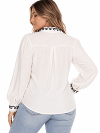 PLUS SIZE LONG SLEEVE BUTTON UP EMBROIDERY TRIM DETAILED BLOUSE