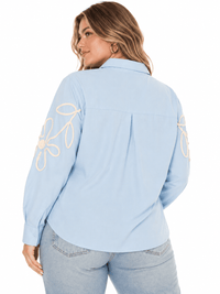 PLUS SIZE LONG SLEEVE BUTTON UP EMBROIDERY DETAILED BLOUSE