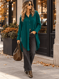 ENTRO WOMEN'S LONG SLEEVE BUTTON UP FRONT POCKETS HIGH-LOW OVERSIZED TOP