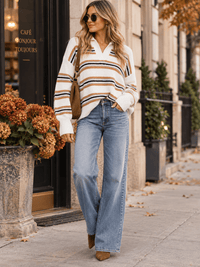 WOMEN'S LONG SLEEVE V-NECK STRIPES COLORBLOCK PULLOVER SWEATER