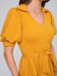 WOMEN'S SHORT SLEEVE ZIP UP ELASTIC WAIST SELF TIE MINI DRESS