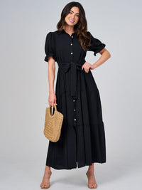 WOMEN'S SHORT SLEEVE BUTTON CLOSURE SELF TIE TIERED MAXI DRESS