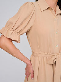 WOMEN'S SHORT SLEEVE BUTTON CLOSURE SELF TIE TIERED MAXI DRESS