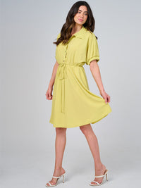 WOMEN'S SHORT SLEEVE BUTTON UP ELASTIC WAIST SELF TIE MINI DRESS