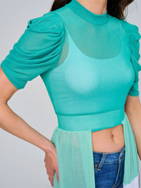 WOMEN'S SHORT SLEEVE COLORBLOCK HIGH-LOW SHEER TOP