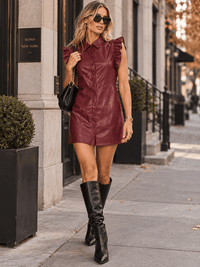 ENTRO WOMEN'S SHORT RUFFLE SLEEVEBUTTON UP PU PLEATHER MINI DRESS