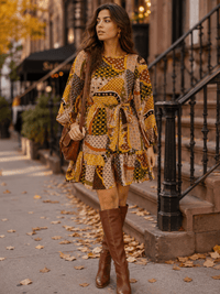 WOMEN'S LONG SLEEVE ELASTIC WAIST SELF TIE MULTI PRINT MINI DRESS