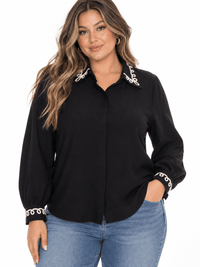 PLUS SIZE LONG SLEEVE BUTTON UP EMBROIDERY TRIM DETAILED BLOUSE