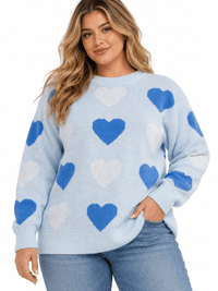 PLUS SIZE LONG SLEEVE HEARTS PRINT PULLOVER COLORBLOCK SWEATER