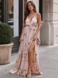 WOMEN'S SLEEVELESS V-NECK SURPLICE OPEN BACK FLORAL PRINT MAXI DRESS