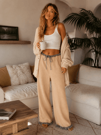WOMEN'S ELASTIC WAIST SELF TIE WIDE LEG TRIM DETAILED PANTS