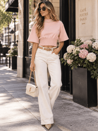 WOMEN'S SHORT SLEEVE STUDS NECKLINE CROP TOP