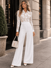 WOMEN'S LONG SLEEVE BUTTON UP LACE CONTRAST WIDE LEG JUMPSUIT