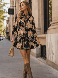 BEULAH WOMEN'S LONG SLEEVE V-NECK ELASTIC WAIST FLORAL MINI DRESS