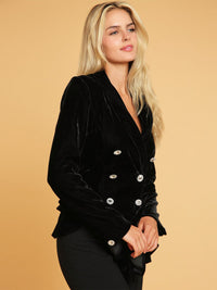 WOMEN'S LONG SLEEVE BUTTON CLOSURE RUFFLE DETAILED VELVET BLAZER