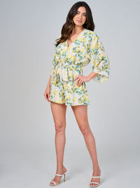 WOMEN'S SHORT SLEEVE BUTTON UP ELASTIC WAIST FRONT POCKETS FLORAL ROMPER
