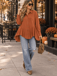 ENTRO WOMEN'S LONG SLEEVE BUTTON UP PEPLUM BLOUSE