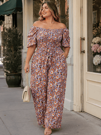 PLUS SIZE SHORT SLEEVE ELASTIC WAIST FLORAL PRINT WIDE LEG JUMPSUIT