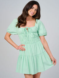 WOMEN'S SHORT SLEEVE SQUARE NECK RUCHED STRIPES TIERED MINI DRESS