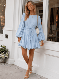 WOMEN'S LONG BALLOON SLEEVE SELF TIE TIERED MINI DRESS