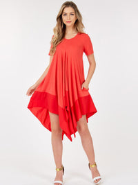 WOMEN'S SHORT SLEEVE V-NECK TUNIC FRONT POCKETS HIGH LOW MINI DRESS