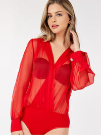 WOMEN'S LONG SLEEVE V-NECK SURPLICE MESH BODYSUIT