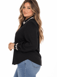 PLUS SIZE LONG SLEEVE BUTTON UP EMBROIDERY TRIM DETAILED BLOUSE