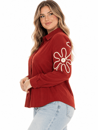 PLUS SIZE LONG SLEEVE BUTTON UP EMBROIDERY DETAILED BLOUSE