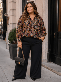 PLUS SIZE LONG SLEEVE BUTTON UP V-NECK MULTI PRINT BLOUSE