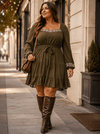 PLUS SIZE LONG SLEEVE SQUARE NECK ELASTIC WAIST SELF TIE TIERED MINI DRESS