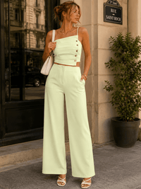 ******WOMEN'S SLEEVELESS SMOCK TOP & BUTTON CLOSURE POCKETS WIDE LEG PANTS 2PC. SET