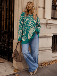 WOMEN'S LONG SLEEVE KNIT PULLOVER COLORBLOCK PRINT SWEATER