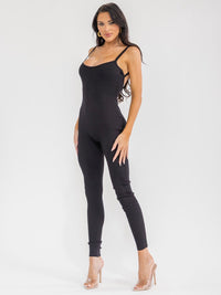 WOMEN'S SLEEVELESS OPEN BACK SKINNY LEG RIBBED JUMPSUIT