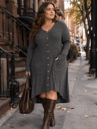 PLUS SIZE LONG SLEEVE BUTTON UP FRONT POCKETS HIGH-LOW TUNIC MIDI DRESS