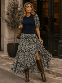 WOMEN'S 3/4 SLEEVES FRONT SLIT FLORAL PRINT CONTRAST MAXI DRESS