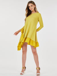 WOMEN'S 3/4 SLEEVE LOOSE FIT RUFFLE DETAILED HIGH-LOW MINI DRESS
