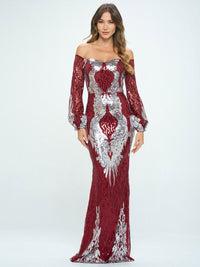 WOMEN'S LONG SLEEVE OFF SHOULDER BODYCON SEQUINS MAXI DRESS