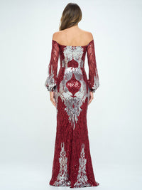 WOMEN'S LONG SLEEVE OFF SHOULDER BODYCON SEQUINS MAXI DRESS