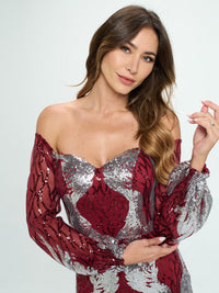 WOMEN'S LONG SLEEVE OFF SHOULDER BODYCON SEQUINS MAXI DRESS