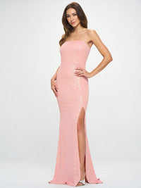 WOMEN'S SLEEVELESS SIDE SLIT BODYCON SEQUINS TUBE MAXI DRESS