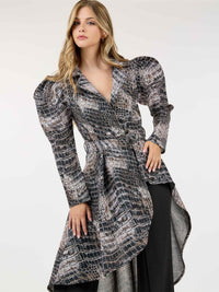 WOMEN'S LONG PUFF SLEEVE BUTTON CLOSURE BELTED HIGH-LOW COAT