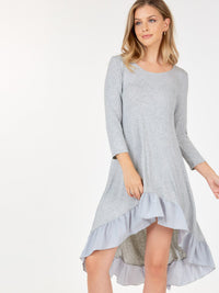 WOMEN'S 3/4 SLEEVE TUNIC RUFFLE BOTTOM HEM HIGH LOW MIDI DRESS