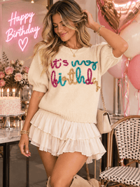 WOMEN'S SHORT SLEEVE IT'S MY BIRTHDAY SWEATER TOP