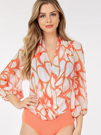 WOMEN'S 3/4 SLEEVE SURPLICE MULTI PRINT BODYSUIT