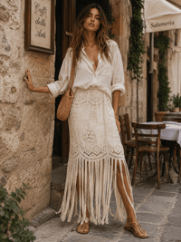 WOMEN'S ELASTIC WAIST FRINGE CROCHET MAXI SKIRT