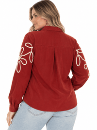 PLUS SIZE LONG SLEEVE BUTTON UP EMBROIDERY DETAILED BLOUSE