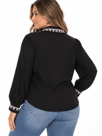 PLUS SIZE LONG SLEEVE BUTTON UP EMBROIDERY TRIM DETAILED BLOUSE