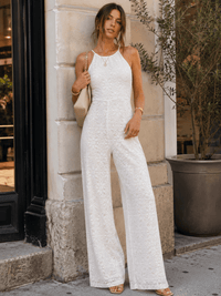 WOMEN'S SLEEVELESS HALTER NECK FRONT POCKETS WIDE LEG LACE KNIT JUMPSUIT